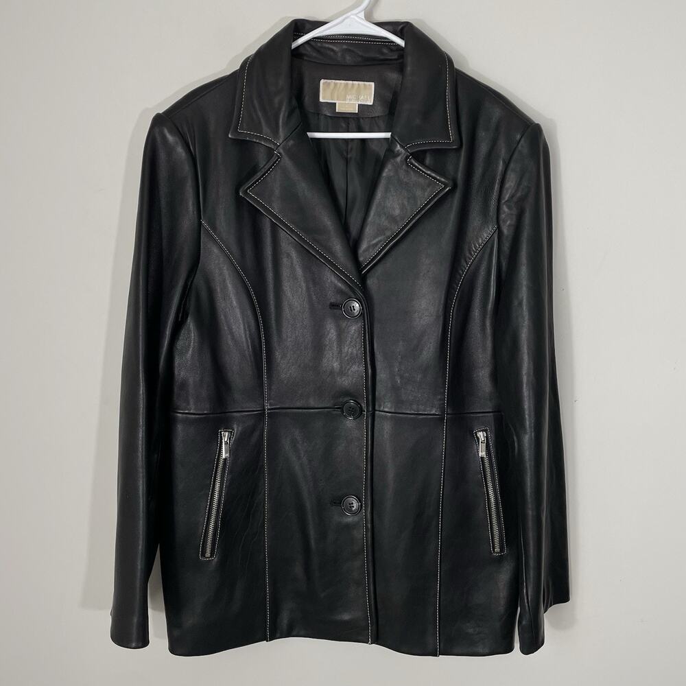 Michael Kors Black Leather Blazer Style Jacket Womens Size XL 3-Button Coat